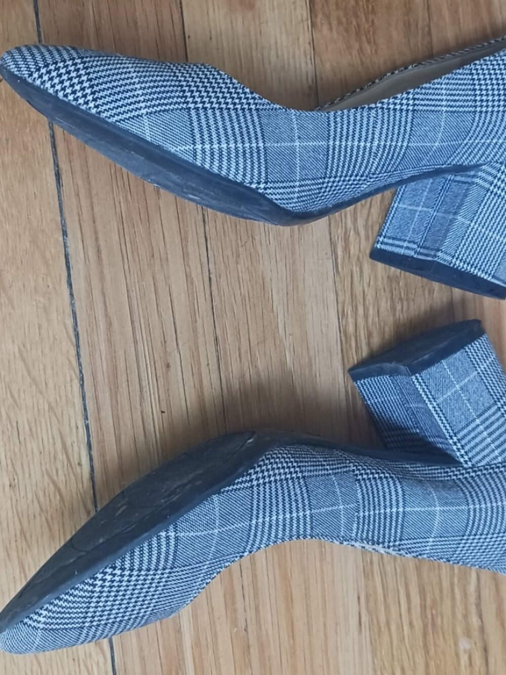 Nine West grey and white plaid block heel pumps